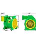 Front and side view of 1 Hp Air Blower For Bounce Houses And Inflatable Castles Kickin High Flow Power, green and yellow design