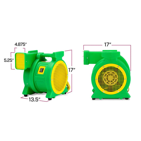 Front and side view of 1 Hp Air Blower For Bounce Houses And Inflatable Castles Kickin High Flow Power, green and yellow design