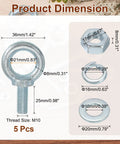Five Pack M10 Galvanized Carbon Steel Eye Bolts Kit With Nuts And Washers For Heavy Duty Tie Downs Indoors Outdoors Lifting Ring Type Eye Bolts Three Eighths Inch By Nearly One Inch Ring Inner 21mm Outer 36mm Silver, dimensions shown