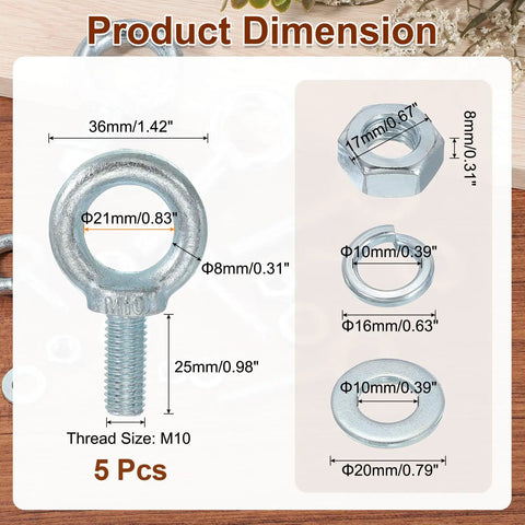 Five Pack M10 Galvanized Carbon Steel Eye Bolts Kit With Nuts And Washers For Heavy Duty Tie Downs Indoors Outdoors Lifting Ring Type Eye Bolts Three Eighths Inch By Nearly One Inch Ring Inner 21mm Outer 36mm Silver, dimensions shown