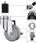 Close-up of Set Of 4 Heavy Duty Table Casters With 3 Inch Non Marking Rubber Wheels, showing durable materials and design features.