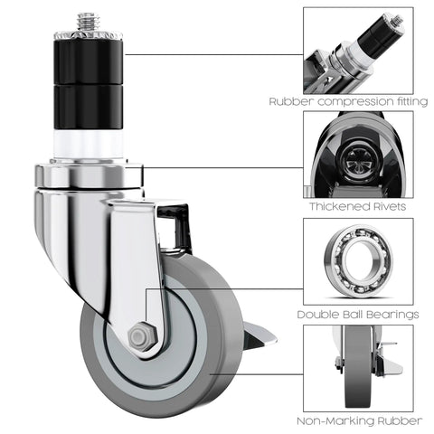 Close-up of Set Of 4 Heavy Duty Table Casters With 3 Inch Non Marking Rubber Wheels, showing durable materials and design features.