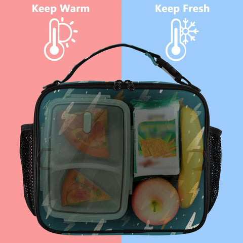 Lightning Bolt Insulated Lunch Bag For Kids And Adults With Sturdy Shoulder Straps, Grab And Go Portable Cooler Lunch Box With Roomy Main Compartment And Side Pockets, Perfect For School Office Travel And Everyday Use. Insulated lunch bag with strap, clear front view