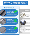 Comparison chart highlighting advantages of 280 GSM fabric, Grade 318 stainless steel, and reinforced stitching over competitors.