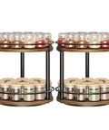 2 Tier Lazy Susan Spice Rack Set, Rustic Brown, with Smooth 360 Degree Spin, filled with spice jars, for Cabinet Use