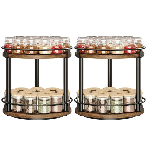 2 Tier Lazy Susan Spice Rack Set, Rustic Brown, with Smooth 360 Degree Spin, filled with spice jars, for Cabinet Use