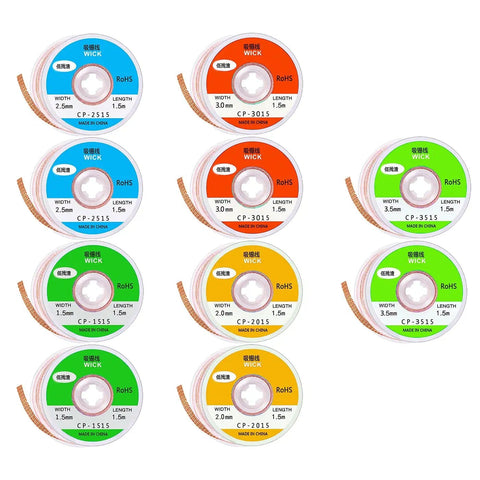 10 Pack Pro Grade No Clean Solder Wick Desoldering Braid With Flux For PCB Repairs, 10 colorful rolls, various widths, 5 feet long