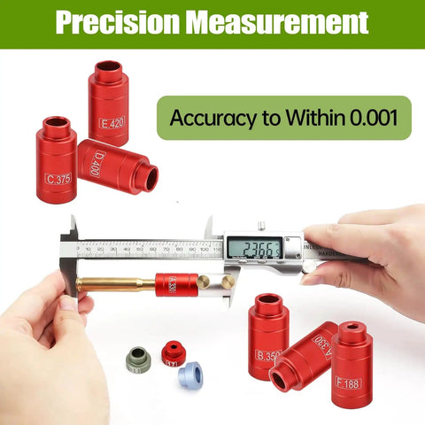 Headspace Gauge Comparator Kit With Fourteen Inserts And Six Bushings Pro Grade Reloading Tool in use with caliper.