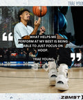 Basketball player holding ball with motivational quote overlay; text reads 'What helps me perform at my best is focusing on hoop'.
