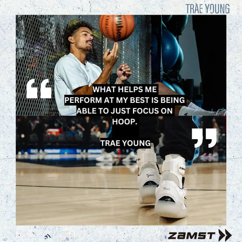 Basketball player holding ball with motivational quote overlay; text reads 'What helps me perform at my best is focusing on hoop'.