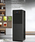 Black tower hot water dispenser with 3 temperature settings for kitchen and home office for hot warm or cold water with tap controls.