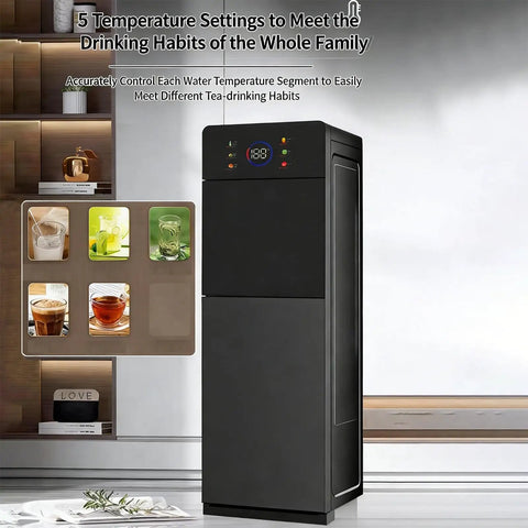 Black tower hot water dispenser with 3 temperature settings for kitchen and home office for hot warm or cold water with tap controls.