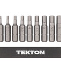 Set of nine extra-long 30 mm hex bits with rail, one quarter inch, S2 steel, corrosion resistant, for recessed fasteners.
