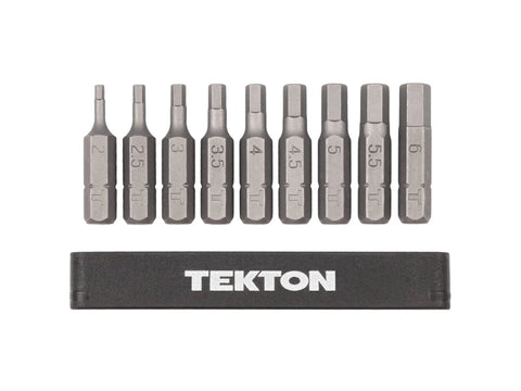 Set of nine extra-long 30 mm hex bits with rail, one quarter inch, S2 steel, corrosion resistant, for recessed fasteners.