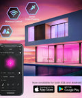 Smart LED Strip Lights 16.4 Ft with Alexa and Google Control displayed with mobile app interface next to house with pink lighting.