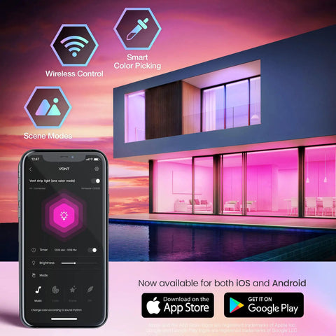 Smart LED Strip Lights 16.4 Ft with Alexa and Google Control displayed with mobile app interface next to house with pink lighting.