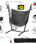 Cozy Macrame Hammock With Stand And Phone Holder, Double Hanging Swing Chair, showing stand and phone holder, includes carrying case