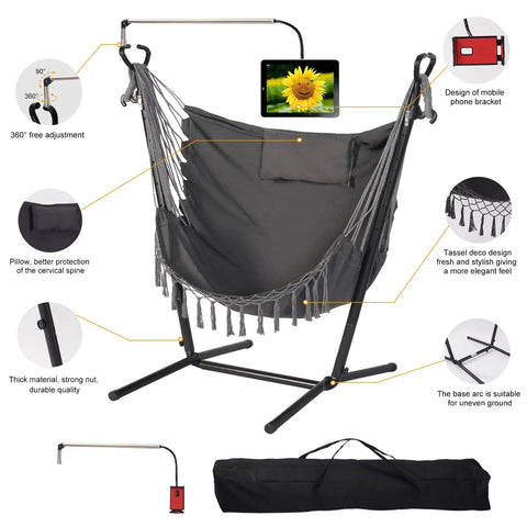 Cozy Macrame Hammock With Stand And Phone Holder, Double Hanging Swing Chair, showing stand and phone holder, includes carrying case