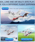 Amphibious RC Plane For Water Land And Air 3 Channel Remote Control Airplane Boat, flying on water, air, and grass.