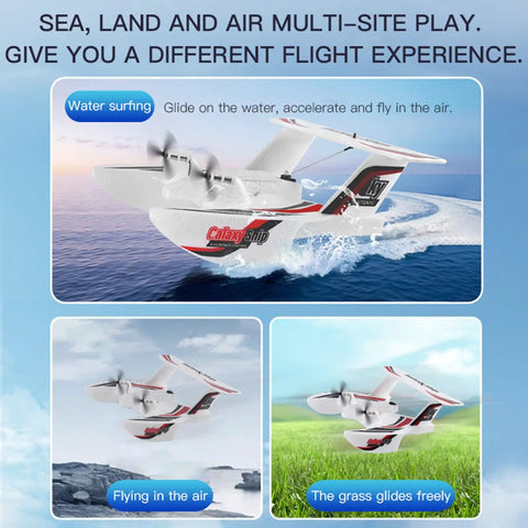 Amphibious RC Plane For Water Land And Air 3 Channel Remote Control Airplane Boat, flying on water, air, and grass.