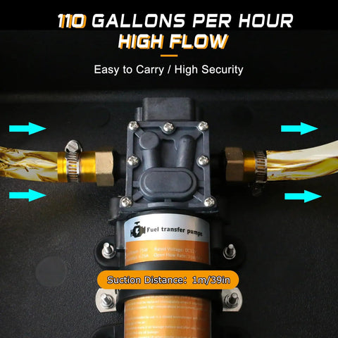 Heavy Duty 12 Volt Electric Fuel Transfer Pump Kit For Gasoline And Diesel With High Elastic Hose and dual adapters, showing pump and hoses.