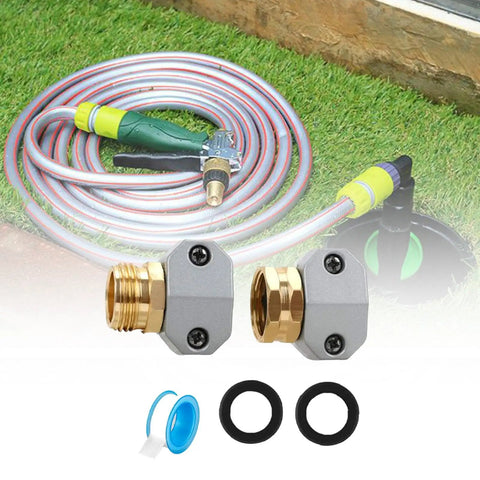 Awesome Garden Hose Repair Kit With Premium Aluminum And Zinc Alloy Couplings For 5/8 Inch And 3/4 Inch Hoses To Fix Leaks Fast And Save Cash On Replacing Pipes. aluminum hose repair kit with couplings, washers, and hose on grass