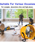 24 Inch Heavy Duty Industrial Oscillating Metal Drum Fan Solid Steel Beast adjustable tilt used in a workspace with people renovating.