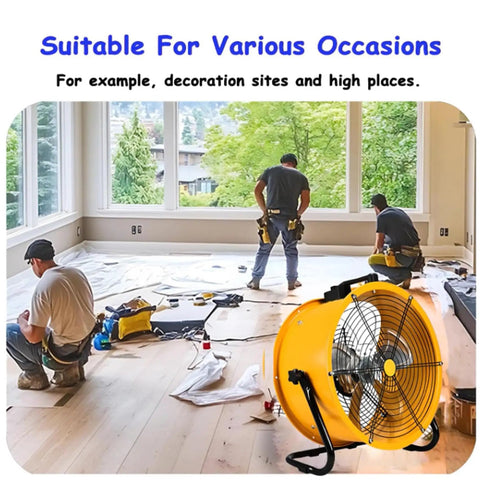 24 Inch Heavy Duty Industrial Oscillating Metal Drum Fan Solid Steel Beast adjustable tilt used in a workspace with people renovating.