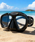Scuba Mask For Grownups And Teens With Panoramic HD Lenses Snorkel Goggles on sandy beach with ocean view