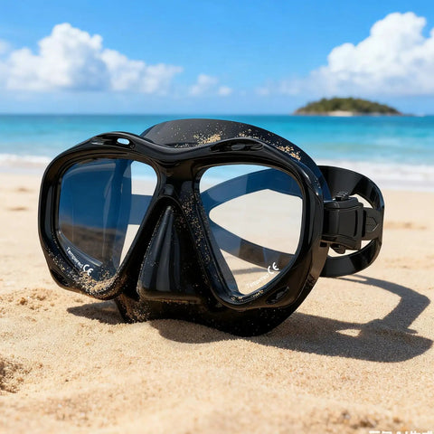 Scuba Mask For Grownups And Teens With Panoramic HD Lenses Snorkel Goggles on sandy beach with ocean view
