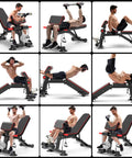 Collage of exercises on Beefy Adjustable Weight Bench For Home Gym Foldable And Space Saving With 8 Backrest Angles And 3 Elbow Pad Positions