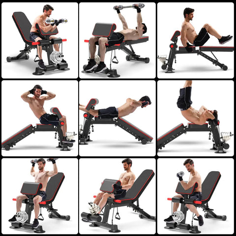 Collage of exercises on Beefy Adjustable Weight Bench For Home Gym Foldable And Space Saving With 8 Backrest Angles And 3 Elbow Pad Positions