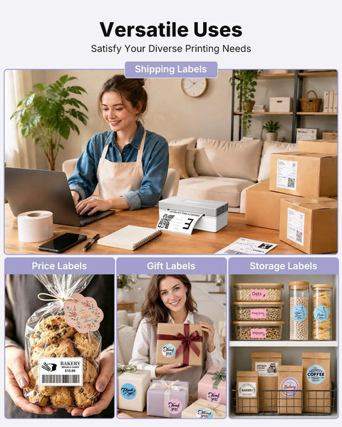 Wireless Bluetooth Thermal Shipping Label Printer Pulls Off Killer 4x6 Package Prints For Ecommerce Hustles With Zero Hassle Mobile Sync And Smooth Windows Mac Android Pairing In Classic Gray in use for shipping, price, and gift labels.