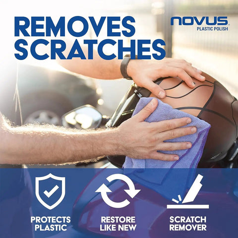 Person using microfiber cloth to polish a motorcycle helmet, demonstrating scratch removal and plastic protection benefits.