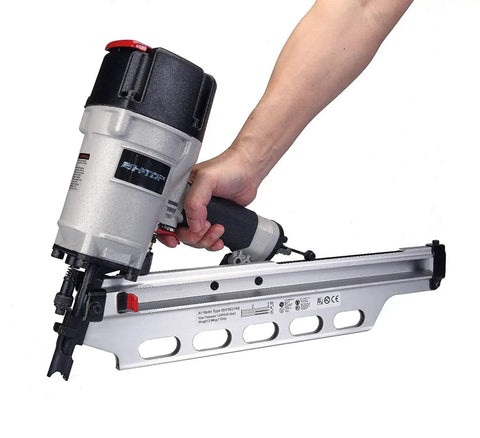 Beefy Framing Nailer 21 Degree Three And One Half Inch Pro Grade With Depth Adjustment in hand illustrating tool use.