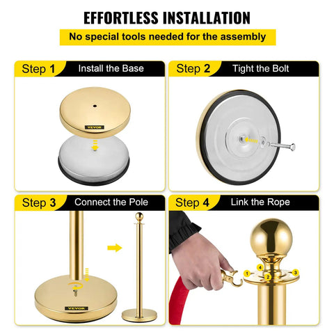 Effortless Gold Stanchions With Velvet Ropes Set Of 4, Solid Concrete Base And Stainless Steel Posts, 5ft Red Velvet Ropes assembly steps