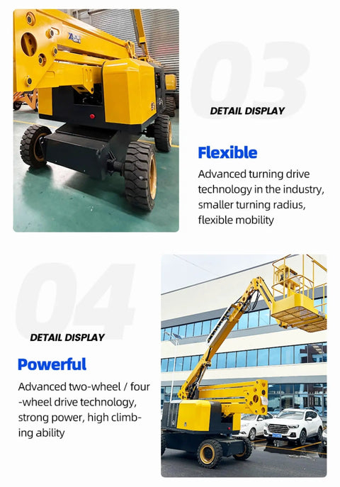 Self Propelled Telescopic Boom Lift Job Site Workhorse for high reach, showing hydraulic controls and robust wheels.