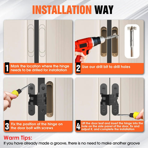 Installation process of Hidden Door Hinge Set Concealed 180 Degree Cabinet Hinges For Cabinet Doors And DIY Boxes In Zinc Alloy Black 4 Pack Fits Door Thickness Eleven Sixteenth To One Inch