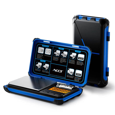 Precision Pocket Scale 200G 0.01G Digital Gram Scale With LCD Display open and closed, blue casing, battery included