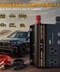 No Sweat 400 Watt 12V To 110V Power Inverter With 800W Peak Muscle, Dual AC Outlets, Three USB Plugs in black with cables and a car.
