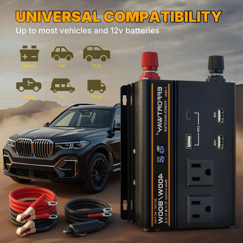 No Sweat 400 Watt 12V To 110V Power Inverter With 800W Peak Muscle, Dual AC Outlets, Three USB Plugs in black with cables and a car.