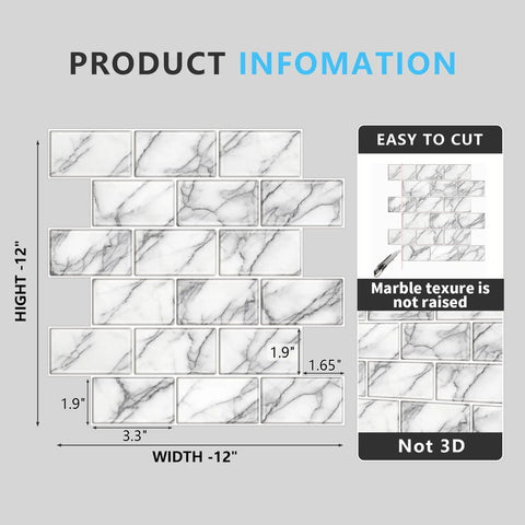 Diagram showing 10 Sheet Peel And Stick Backsplash Tiles 12x12 Self Adhesive Subway Wall Tiles White Marble Look dimensions and details.