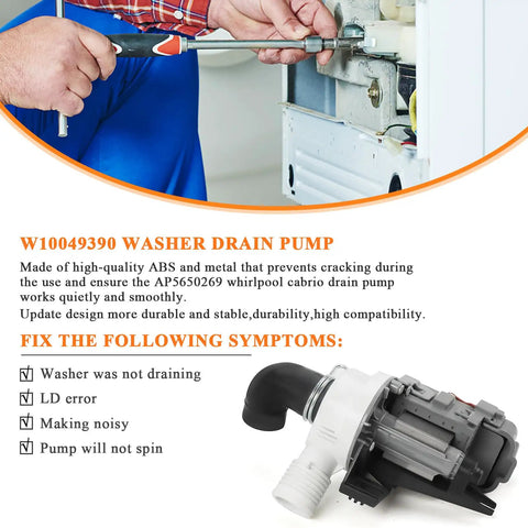 2026 Upgraded Washer Drain Pump Replacement W10536347 W10155921 W10049390 displayed beside technician installing