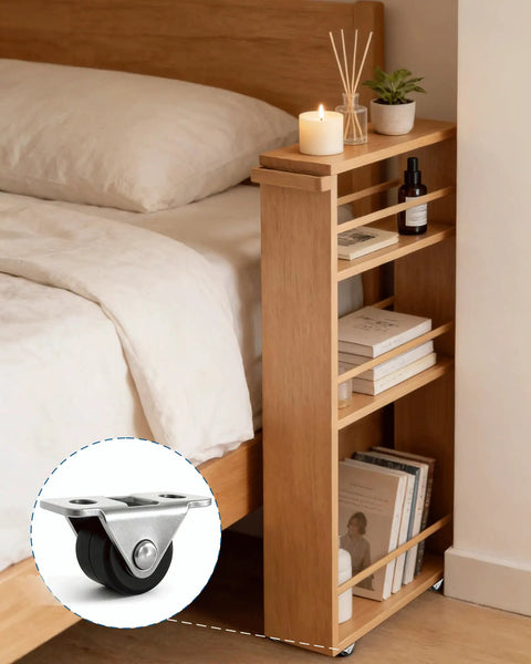 Eight Pack Mini Fixed Caster Wheels 1/2 Inch Quiet Rubber Casters With Metal Top Plate For Furniture And Storage Bins shown under wood furniture