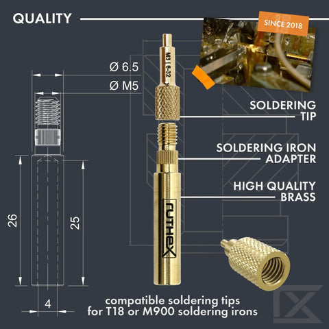 7X Soldering Tips And Heat Set Insert Tips For Thread Inserts M2 To M8 And Threaded Inserts Sizes Two Fifty Six To Ten Twenty Four One Quarter Inch Soldering Iron Adapter For 900M And T18 Pro Grade Soldering Accessory showing brass adapter and diagram.
