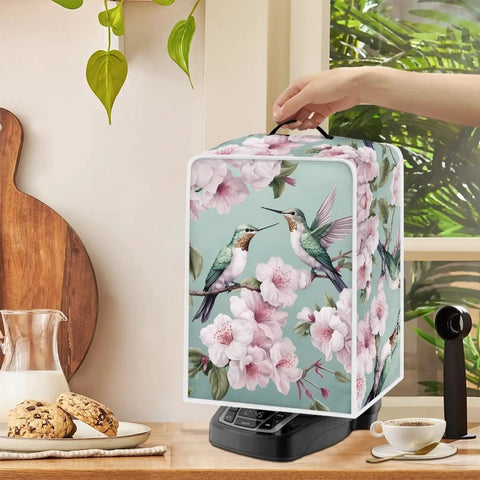 Real Deal Retro Green Hummingbird Plumeria Coffee Machine Covers Waterproof Polyester Kitchen Appliance Protectors on kitchen counter.