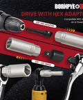 Deep Well Bolt Extractor Kit With 3/8 Inch Adapter No Fuss EZ Out Socket Set for Removing Deeply Trapped Stripped Damaged Rusted Bolts Nuts and Studs Spark Plug Removal Tool Included 16 Piece shown with hex adapter and drive.