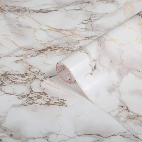 Self-Adhesive Brown Marble Film For Walls Cabinets And Furniture Easy Peel And Stick Decor Wrap Budget Friendly DIY Renovations 26.5 X 78.7 Inches Easy To Apply, with a focus on the rolled edge of the vinyl film showing texture and pattern.