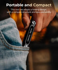 Hand holding 7 In 1 Folding Tool Set With Screwdrivers And Hex Key Wrenches For Film And Photo Gear, fits in jeans pocket