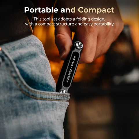 Hand holding 7 In 1 Folding Tool Set With Screwdrivers And Hex Key Wrenches For Film And Photo Gear, fits in jeans pocket